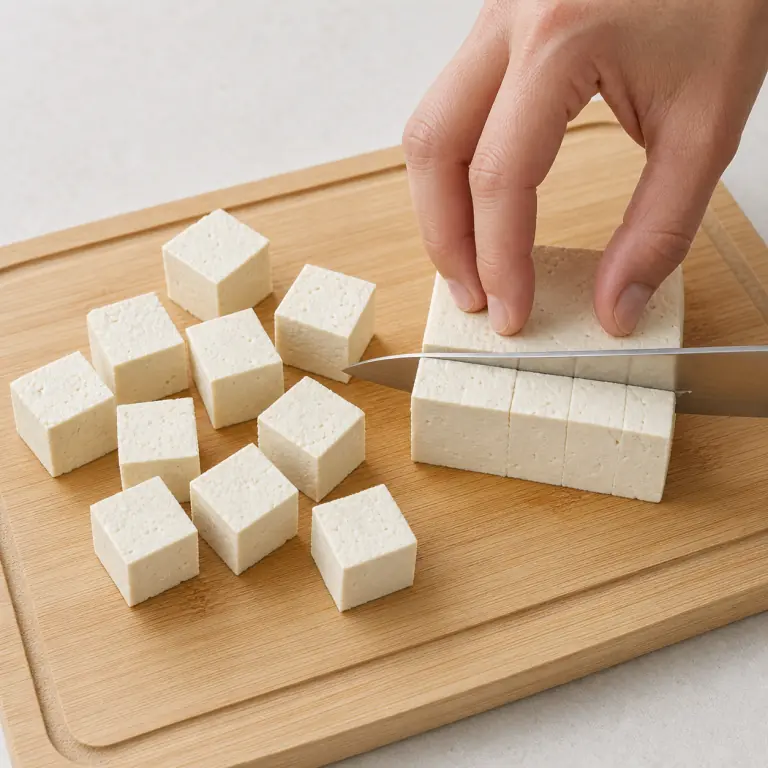 Gros plan pédagogique d'une main adulte qui égoutte et éponge 180 g de tofu, puis coupe-le en cubes réguliers de 2 cm avec les doigts repliés en griffe, avec lame visible, doigts en griffe, portion intacte et morceaux finis de taille lisible. Aucun autre aliment sur la planche.