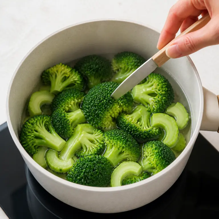 Gros plan pédagogique de fais cuire les fleurettes et demi-rondelles de tige de 180 g de brocoli jusqu'à ce qu'elles soient vert vif et tendres sous la pointe du couteau. Montrer le récipient exact, une main adulte avec l'ustensile adapté et la couleur ou texture qui prouve la cuisson. Aucun autre aliment ne doit masquer le résultat.