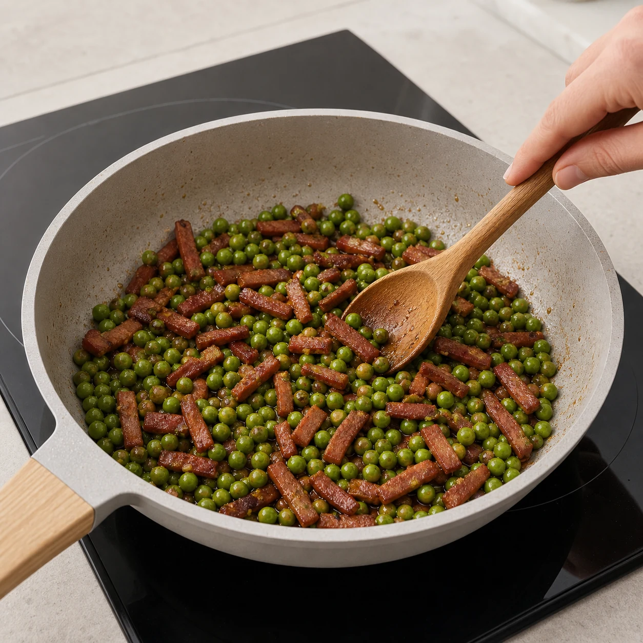 Riz sauté petits pois-lardons — dorer les lardons