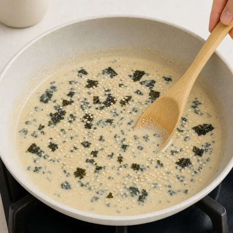 Une sauce végétale crémeuse avec paillettes de nori et graines de sésame.