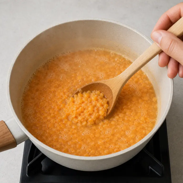 Gros plan pédagogique de fais frémir 90 g de lentilles corail jusqu'à ce qu'elles soient tendres et encore identifiables. Montrer le récipient exact, une main adulte avec l'ustensile adapté et la couleur ou texture qui prouve la cuisson. Aucun autre aliment ne doit masquer le résultat.