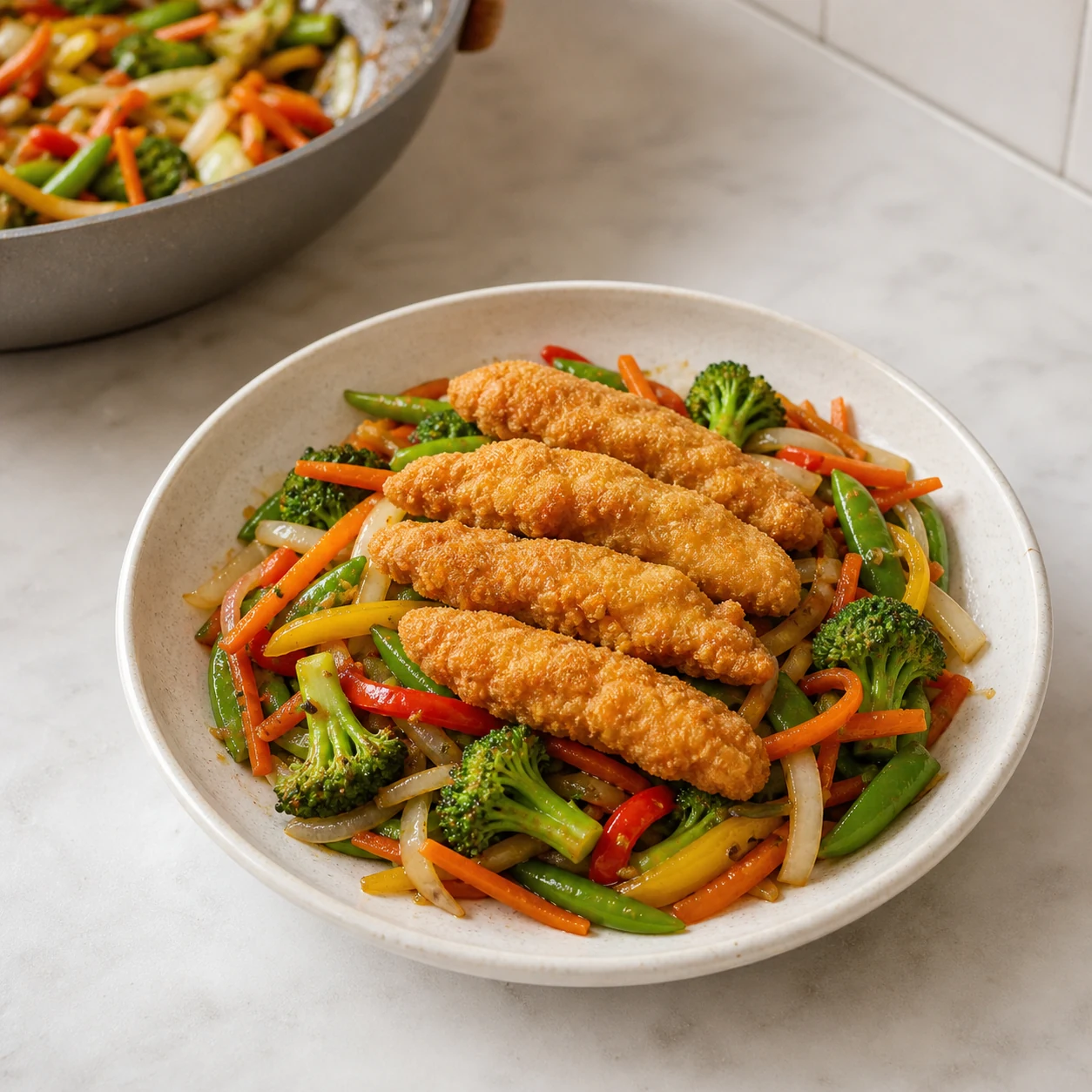 Tenders et wok surgelé — assembler les assiettes