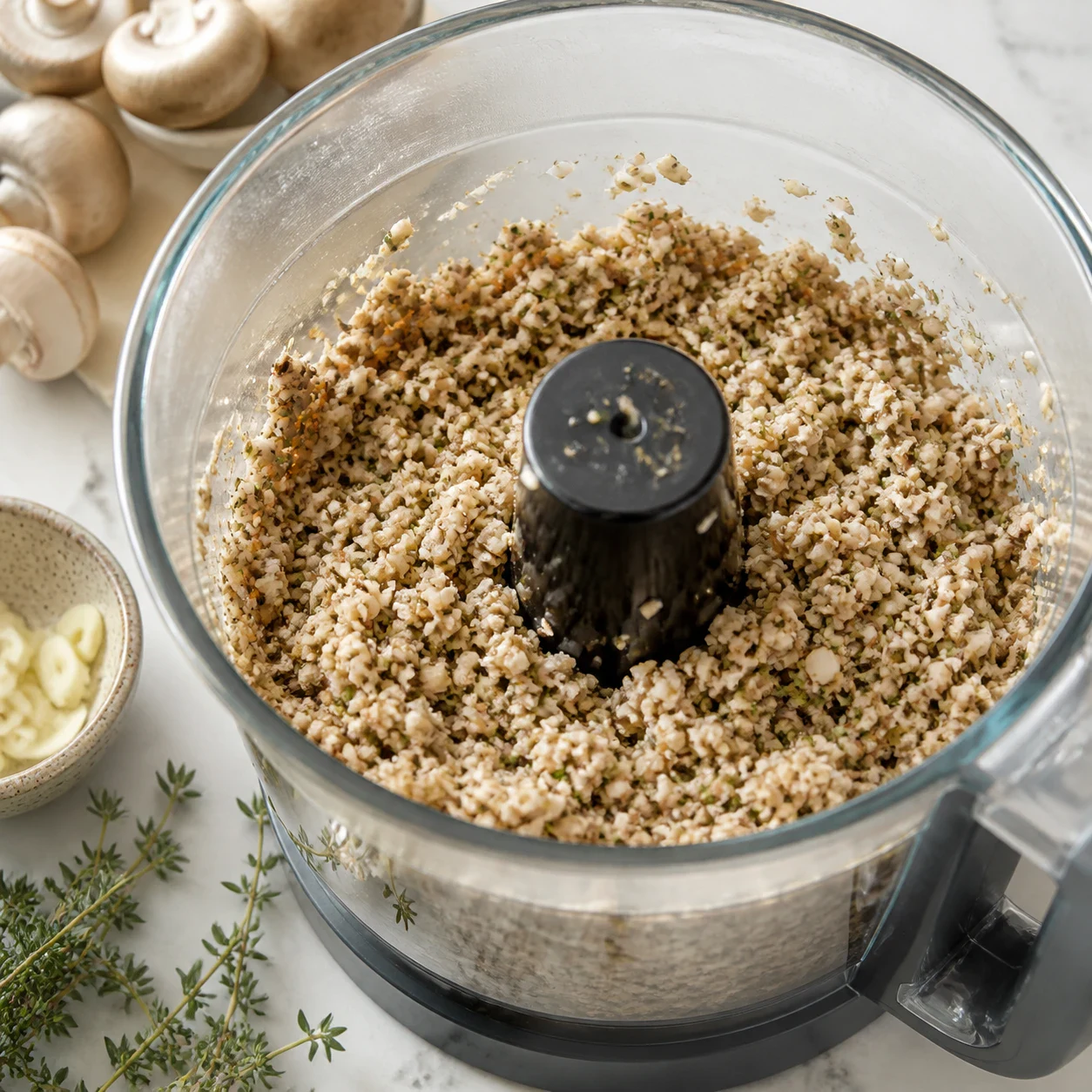 Champignons crus hachés en grain grossier beige clair dans un bol de mixeur en verre, points verts de thym frais et petits morceaux d'ail visibles, aucun texte, aucune marque.