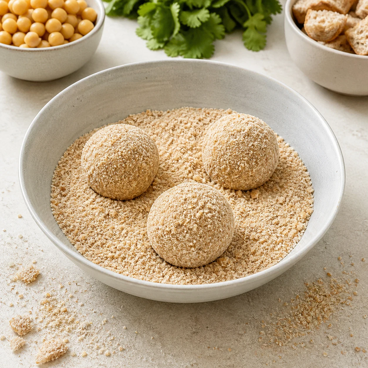 Bol creux rempli de poudre de pain complet beige, trois boules de pâte à falafel en cours d'enrobage posées dedans, poudre retombée autour du bol. Aucune main, aucun texte, aucune marque.