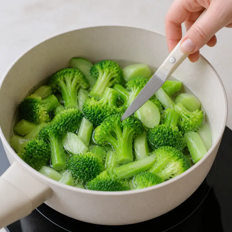 Gros plan pédagogique de fais cuire les fleurettes et demi-rondelles de tige de 180 g de brocoli jusqu'à ce qu'elles soient vert vif et tendres sous la pointe du couteau. Montrer le récipient exact, une main adulte avec l'ustensile adapté et la couleur ou texture qui prouve la cuisson. Aucun autre aliment ne doit masquer le résultat.