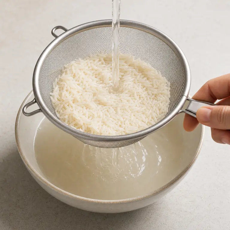 Gros plan pédagogique du geste en cours : rince 80 g de riz basmati dans une passoire fine jusqu'à ce que l'eau soit presque claire. Montrer uniquement cet ingrédient et l'ustensile nécessaire.