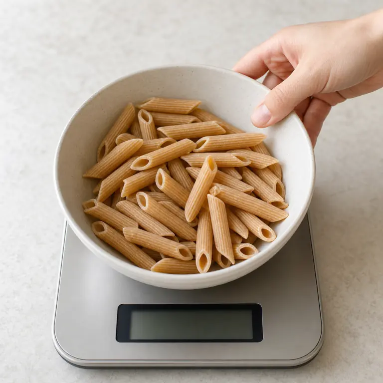 Gros plan pédagogique du geste en cours : pèse 100 g de pâtes complètes et garde-les sèches dans un bol. Montrer uniquement cet ingrédient et l'ustensile nécessaire.
