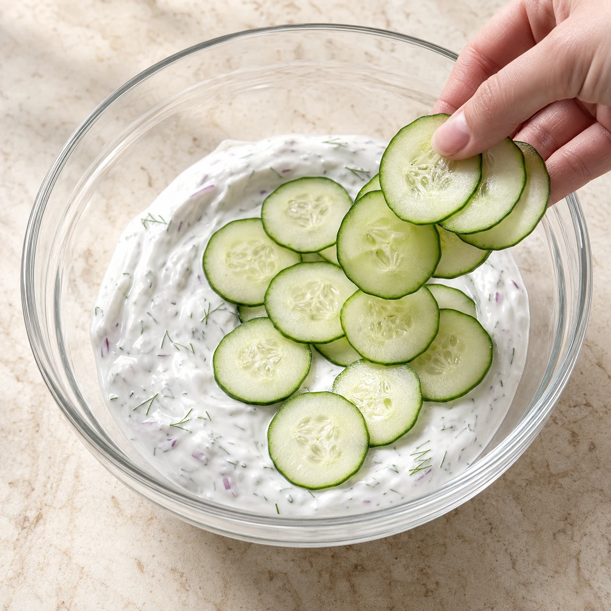 Main adulte anonyme ajoutant des rondelles fines de concombre dans la sauce blanche aux herbes, une seule phase visible.
