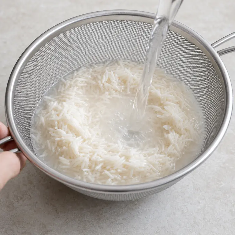 Gros plan pédagogique du geste en cours : rince 80 g de riz basmati dans une passoire fine jusqu'à ce que l'eau soit presque claire. Montrer uniquement cet ingrédient et l'ustensile nécessaire.