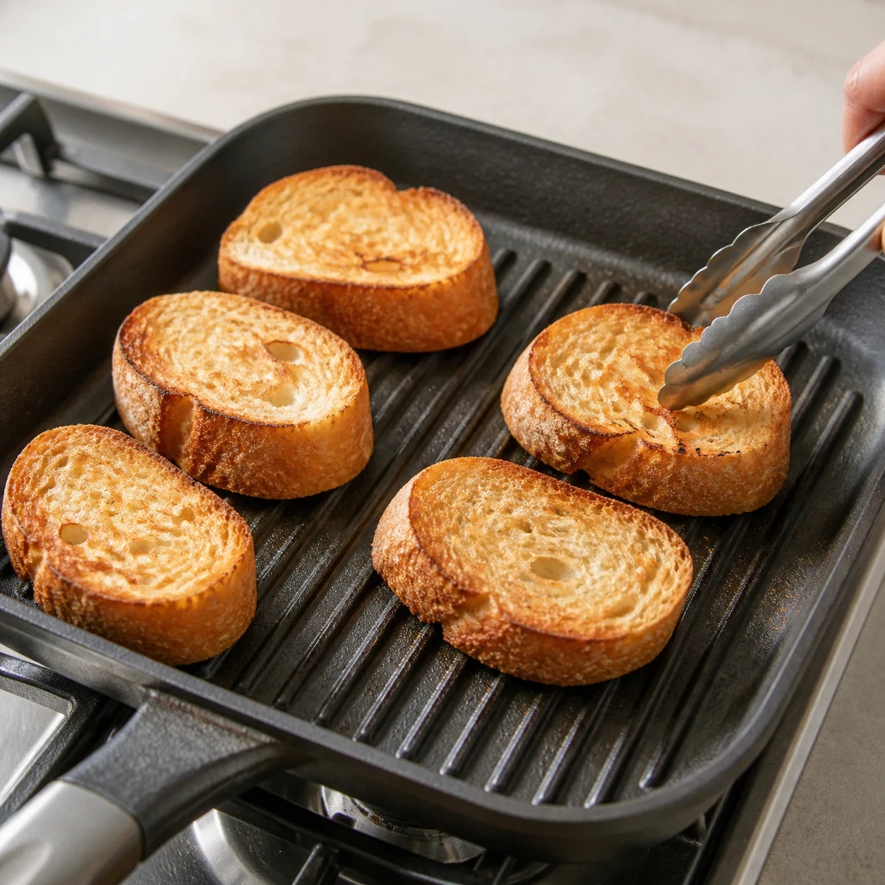 Tranches épaisses de baguette dorées et croustillantes posées sur une grille, mie souple visible sur la tranche, aucun autre ingrédient, aucune main, aucun texte, aucune marque.