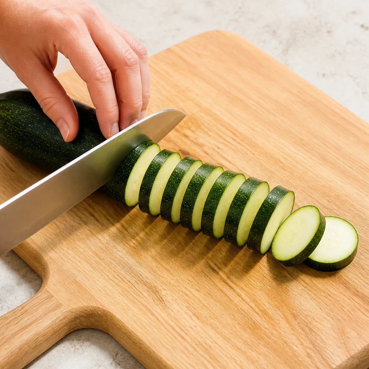 Tranches fines de courgette crue à peau vert foncé alignées sur une planche à découper en bois clair, couteau de chef posé à côté, aucune main, aucun texte, aucune marque.