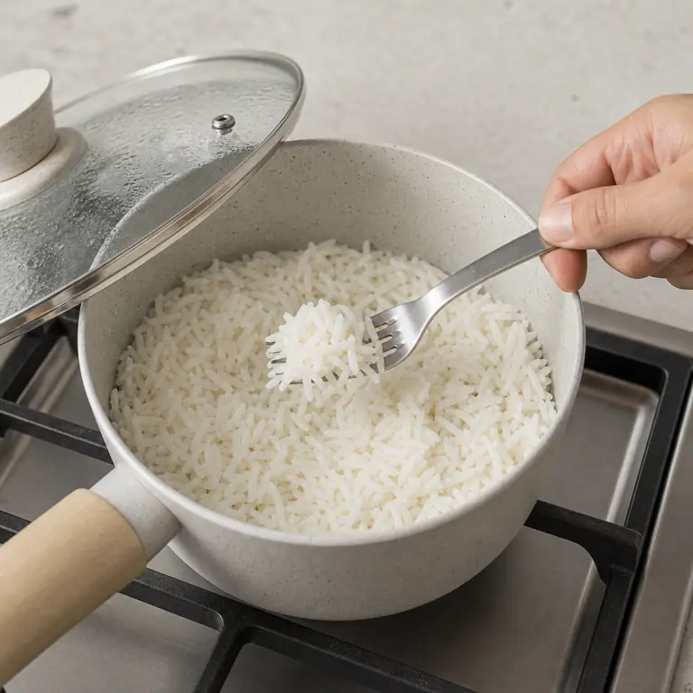 Gros plan pédagogique de fais cuire 80 g de riz basmati à petit frémissement, couvercle posé, jusqu'à absorption de l'eau. Montrer le récipient exact, une main adulte avec l'ustensile adapté et la couleur ou texture qui prouve la cuisson. Aucun autre aliment ne doit masquer le résultat.