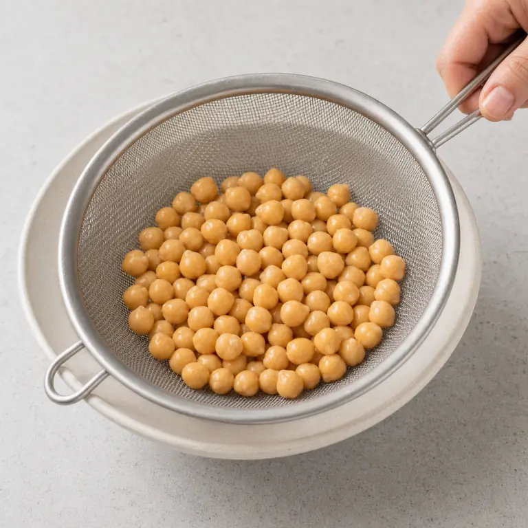 Des pois chiches rincés dans une passoire fine.