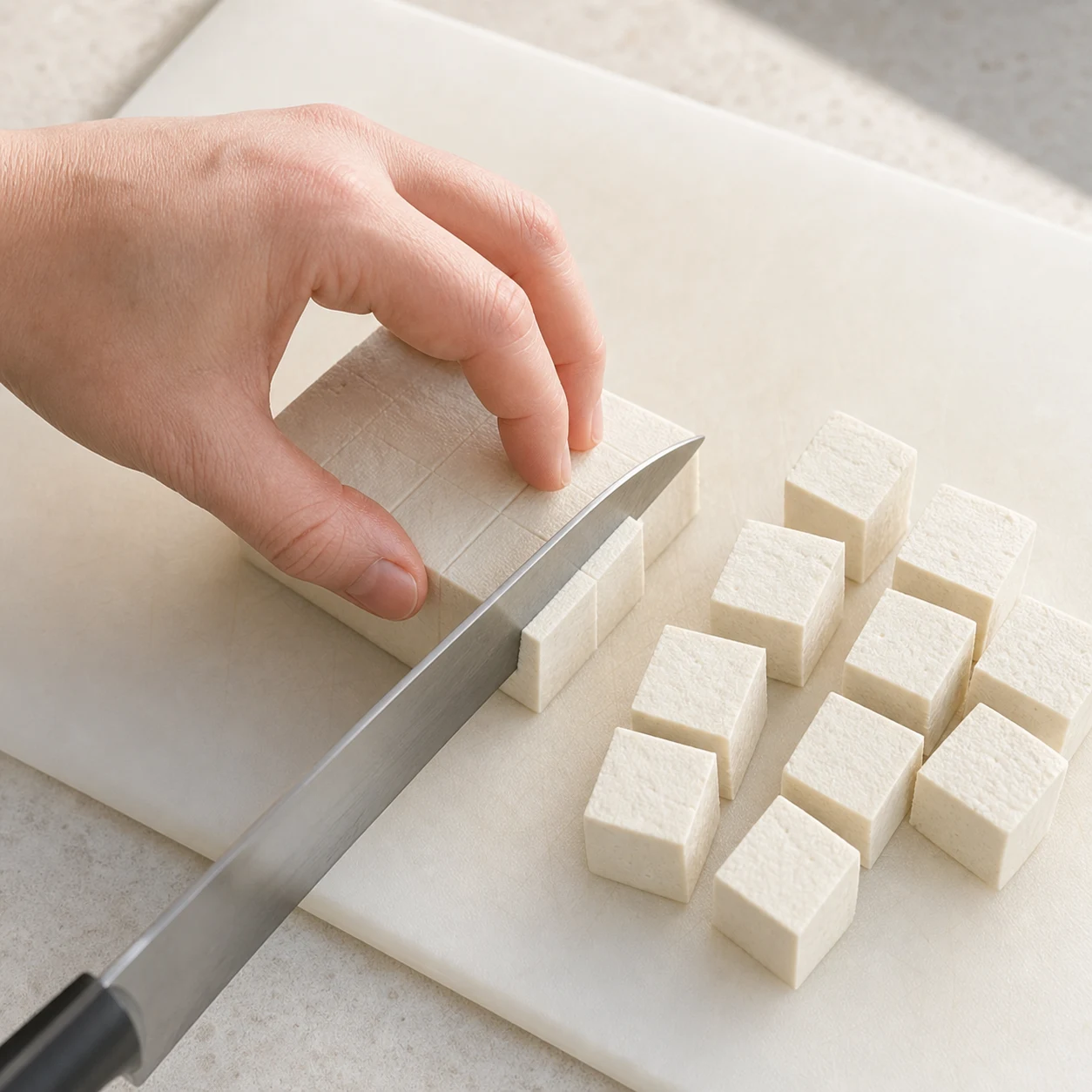 Vue trois-quarts au-dessus d’une planche stable : une main adulte anonyme en prise en griffe coupe activement du tofu blanc en cubes, avec les cubes accumulés à côté.
