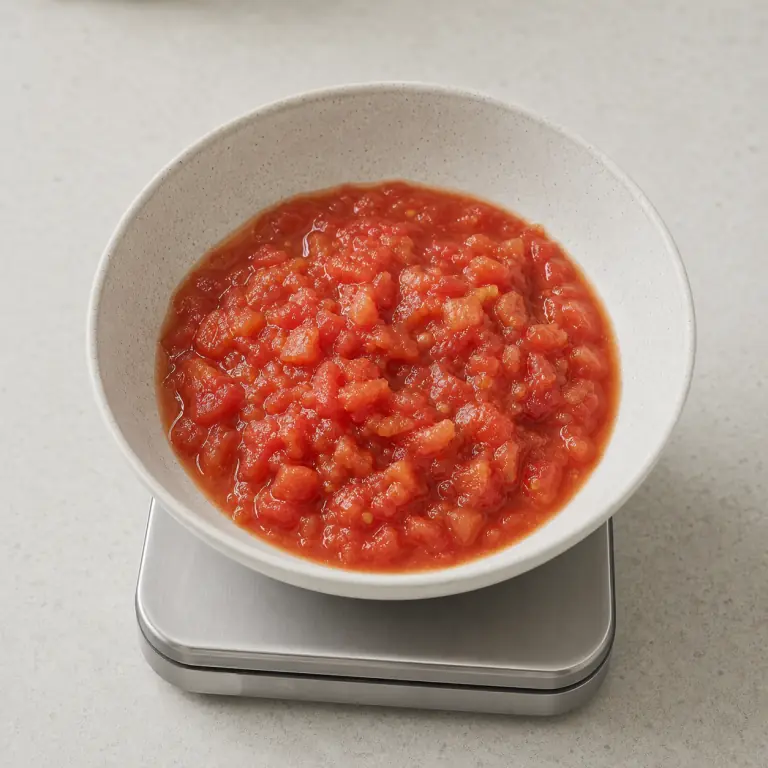 Gros plan pédagogique du geste en cours : mesure 200 g de tomate concassée ; elle est déjà découpée et ne doit pas être recoupée. Montrer uniquement cet ingrédient et l'ustensile nécessaire.
