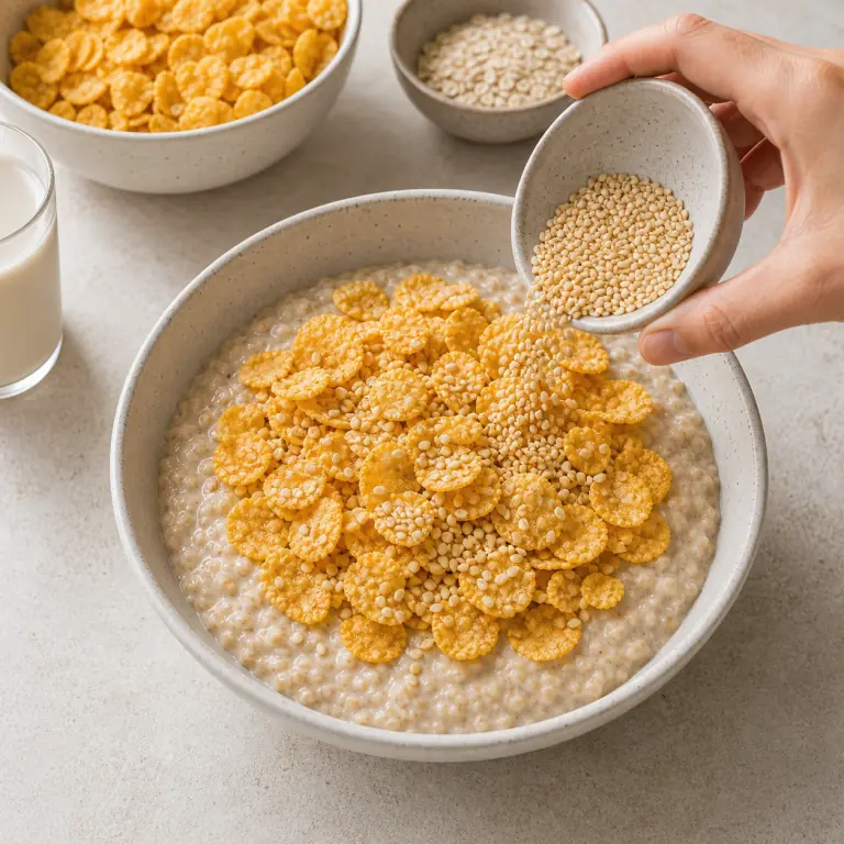 Un bol de porridge crémeux clairement visible sous une couche de corn flakes croustillants et de graines de sésame, sans fruit.