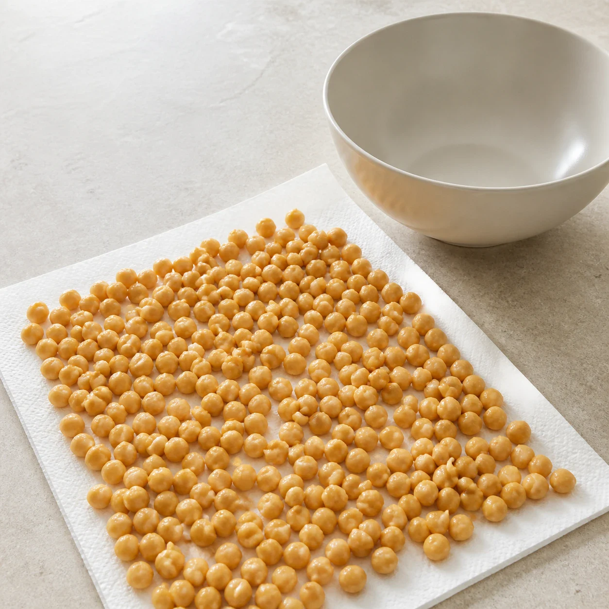 Pois chiches cuits étalés en une seule couche sur une feuille de papier absorbant blanc, peau mate sans goutte d'eau, saladier vide posé à côté, aucun autre ingrédient, aucune main, aucun texte, aucune marque.
