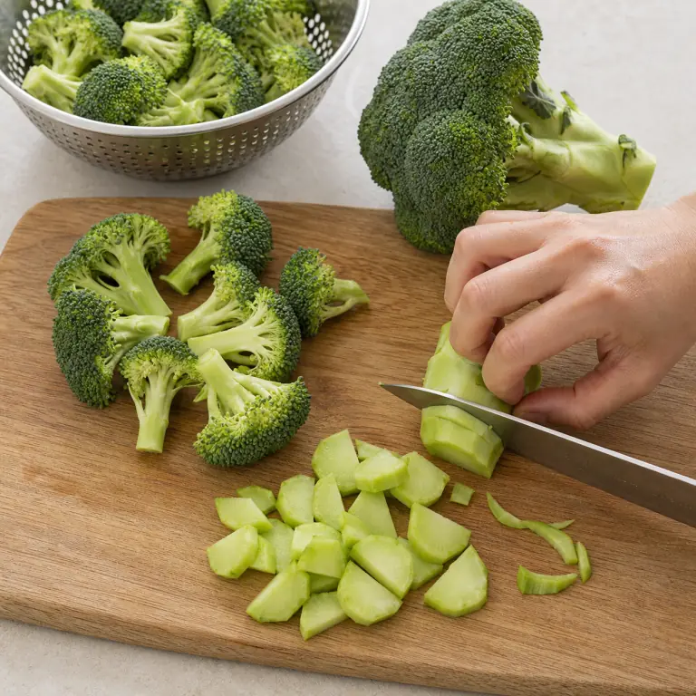 Gros plan pédagogique d'une main adulte qui rince 180 g de brocoli, détache des fleurettes de taille bouchée au couteau, puis pèle la tige et coupe-la en demi-rondelles de 5 mm, avec lame visible, doigts en griffe, portion intacte et morceaux finis de taille lisible. Aucun autre aliment sur la planche.