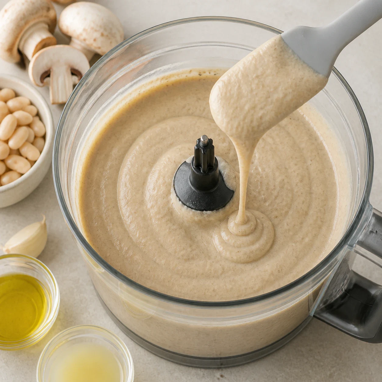 Bol de mixeur en verre contenant des champignons de Paris poêlés, des haricots blancs cuits égouttés, une gousse d'ail épluchée, un filet d'huile d'olive et un filet de jus de citron, aucun texte, aucune marque.