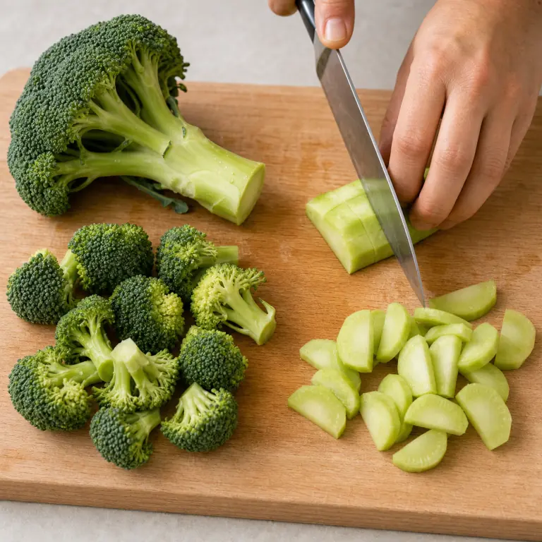 Gros plan pédagogique d'une main adulte qui rince 180 g de brocoli, détache des fleurettes de taille bouchée au couteau, puis pèle la tige et coupe-la en demi-rondelles de 5 mm, avec lame visible, doigts en griffe, portion intacte et morceaux finis de taille lisible. Aucun autre aliment sur la planche.