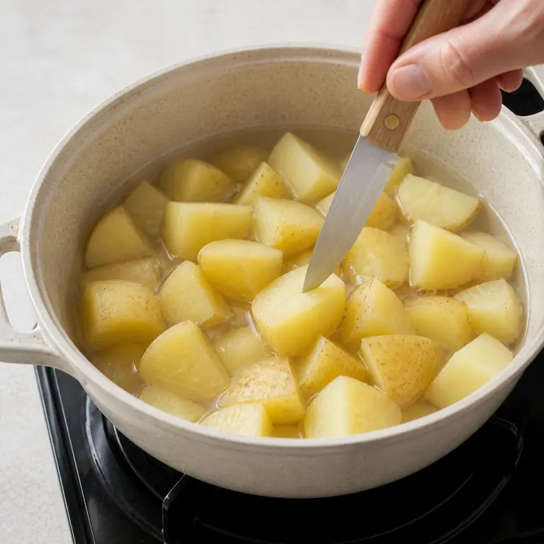 Gros plan pédagogique de fais cuire les cubes de 250 g de pommes de terre jusqu'à ce que la pointe d'un couteau entre sans résistance. Montrer le récipient exact, une main adulte avec l'ustensile adapté et la couleur ou texture qui prouve la cuisson. Aucun autre aliment ne doit masquer le résultat.