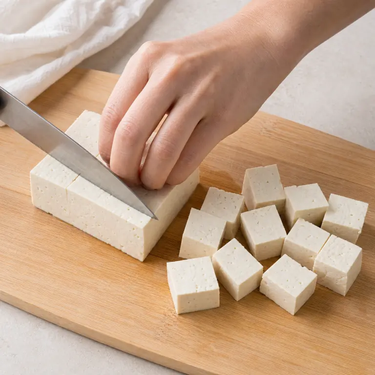 Gros plan pédagogique d'une main adulte qui égoutte et éponge 180 g de tofu, puis coupe-le en cubes réguliers de 2 cm avec les doigts repliés en griffe, avec lame visible, doigts en griffe, portion intacte et morceaux finis de taille lisible. Aucun autre aliment sur la planche.