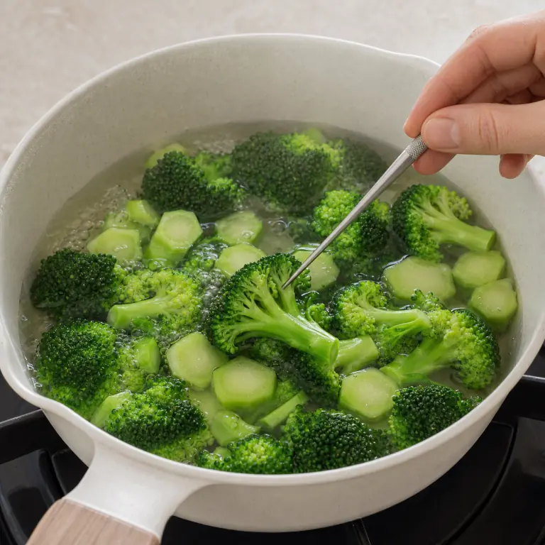 Gros plan pédagogique de fais cuire les fleurettes et demi-rondelles de tige de 180 g de brocoli jusqu'à ce qu'elles soient vert vif et tendres sous la pointe du couteau. Montrer le récipient exact, une main adulte avec l'ustensile adapté et la couleur ou texture qui prouve la cuisson. Aucun autre aliment ne doit masquer le résultat.