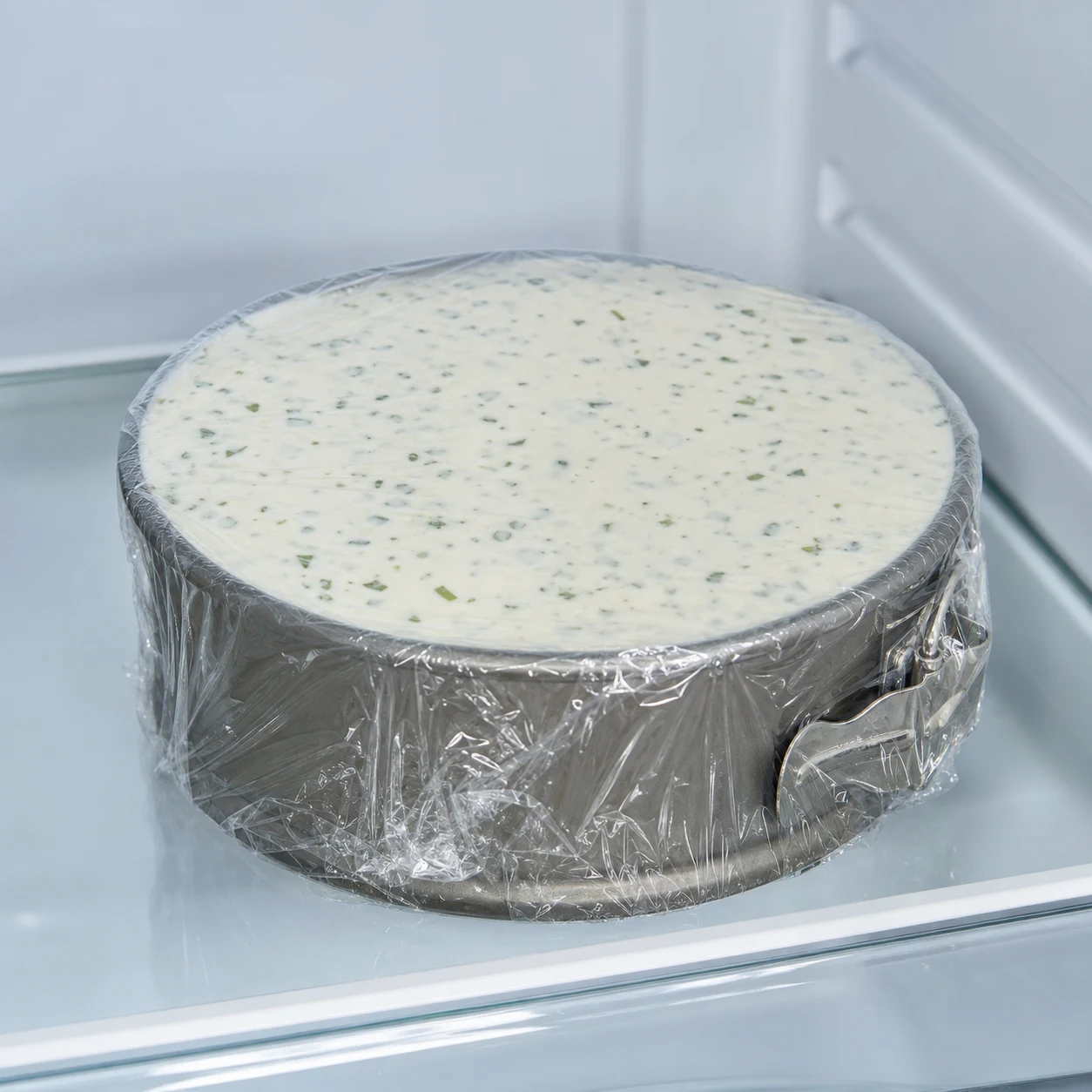 Fromage frais végétal rond et pris, démoulé sur une assiette neutre, texture blanche dense avec éclats verts ; aucune personne ni texte.