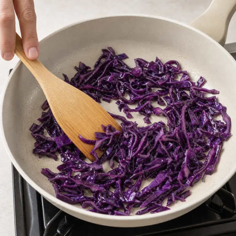Gros plan pédagogique de fais sauter les fines lanières de 120 g de chou rouge jusqu'à ce qu'elles s'assouplissent tout en gardant leur couleur. Montrer le récipient exact, une main adulte avec l'ustensile adapté et la couleur ou texture qui prouve la cuisson. Aucun autre aliment ne doit masquer le résultat.