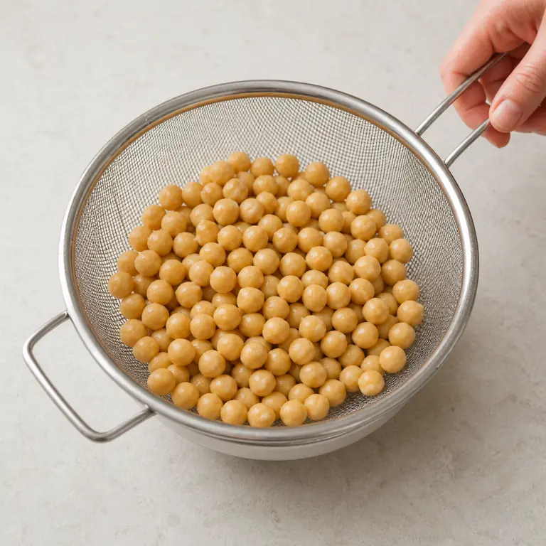Des pois chiches rincés dans une passoire fine.