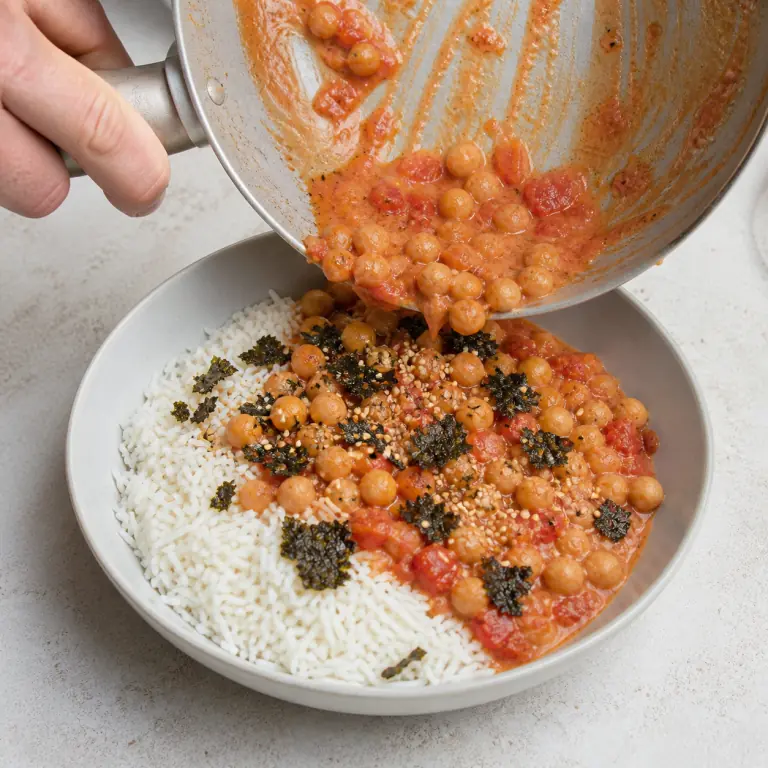 Un bol final de chili doux riz nori avec légumes, pois chiches, nori et sésame.