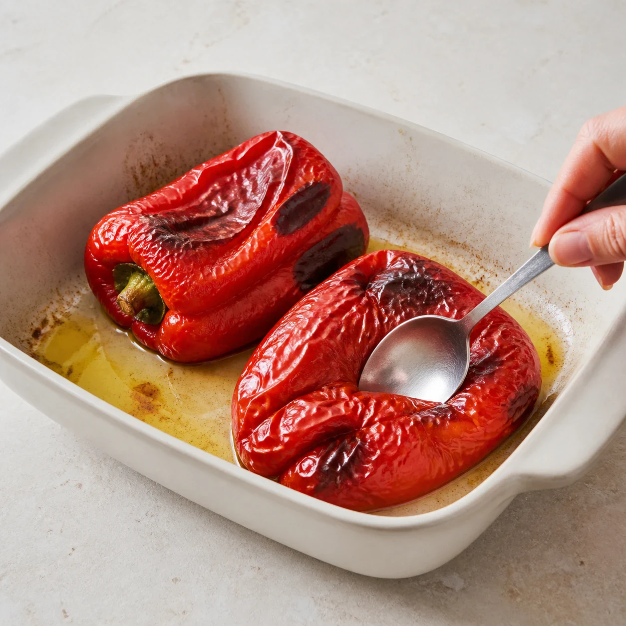 Deux poivrons rouges rôtis dans un plat de cuisson en céramique claire, peau boursouflée avec cloques brunes et zones décollées, poivrons affaissés, aucun texte, aucune marque.