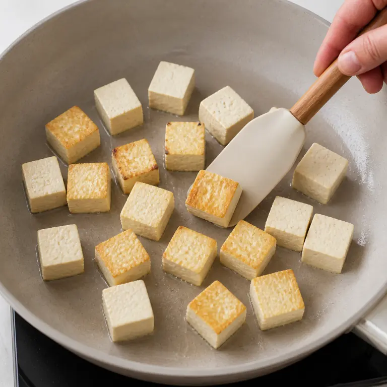 Gros plan pédagogique de fais dorer les cubes de 180 g de tofu dans une poêle chaude et retourne-les seulement quand la face du dessous est dorée. Montrer le récipient exact, une main adulte avec l'ustensile adapté et la couleur ou texture qui prouve la cuisson. Aucun autre aliment ne doit masquer le résultat.
