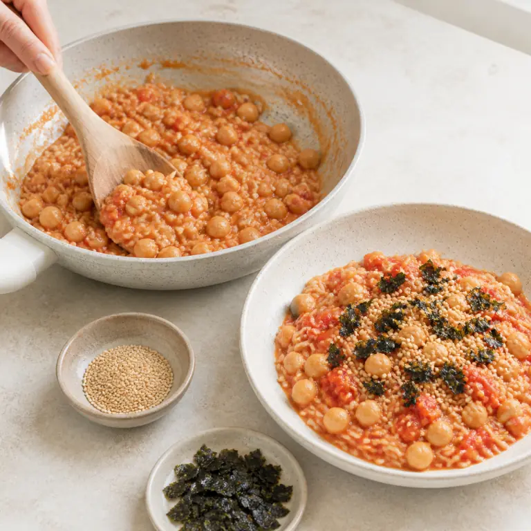 Un bol final de riz tomate crème soja avec légumes, pois chiches, nori et sésame.