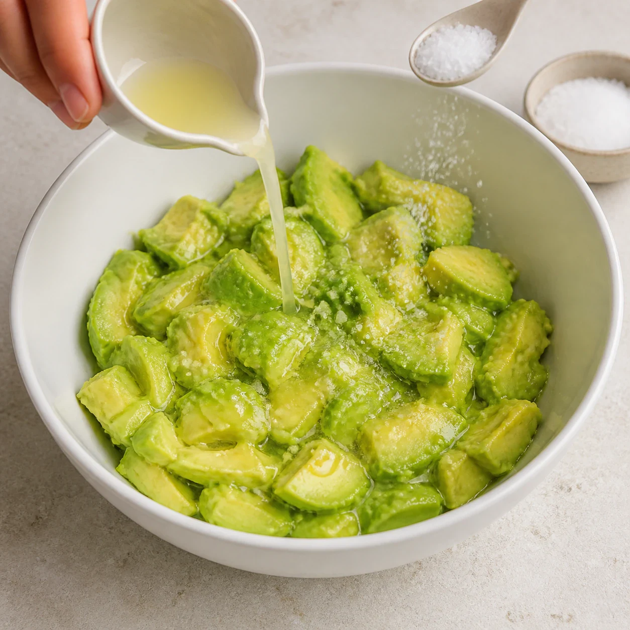 Bol blanc de chair d’avocat verte en morceaux arrosée d’un filet de jus de citron, cristaux de sel fin saupoudrés en surface, aucun texte, aucune marque.