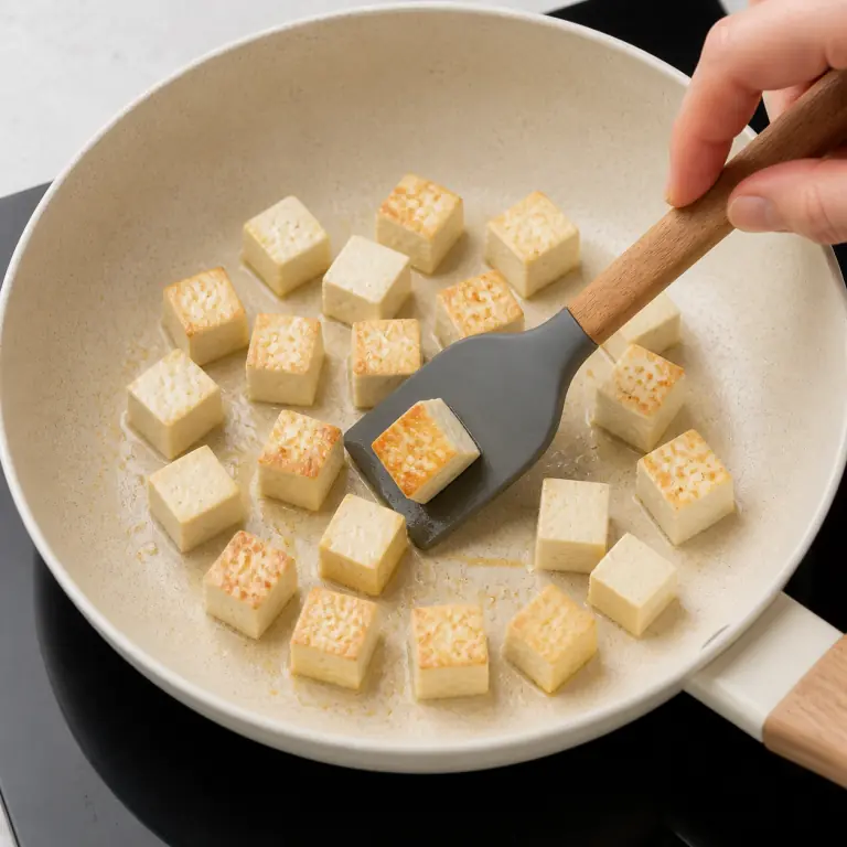 Gros plan pédagogique de fais dorer les cubes de 180 g de tofu dans une poêle chaude et retourne-les seulement quand la face du dessous est dorée. Montrer le récipient exact, une main adulte avec l'ustensile adapté et la couleur ou texture qui prouve la cuisson. Aucun autre aliment ne doit masquer le résultat.