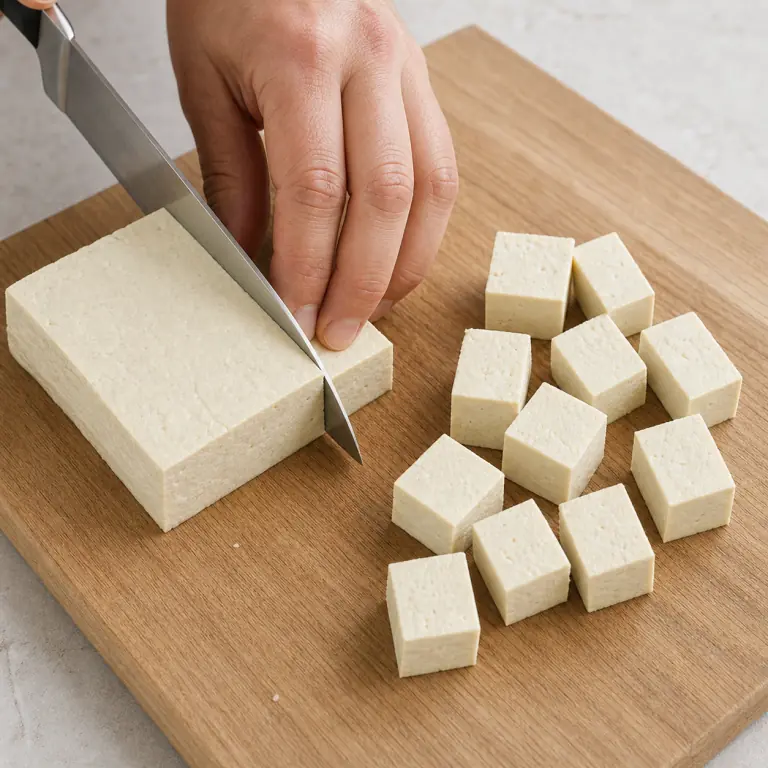 Gros plan pédagogique d'une main adulte qui égoutte et éponge 180 g de tofu, puis coupe-le en cubes réguliers de 2 cm avec les doigts repliés en griffe, avec lame visible, doigts en griffe, portion intacte et morceaux finis de taille lisible. Aucun autre aliment sur la planche.