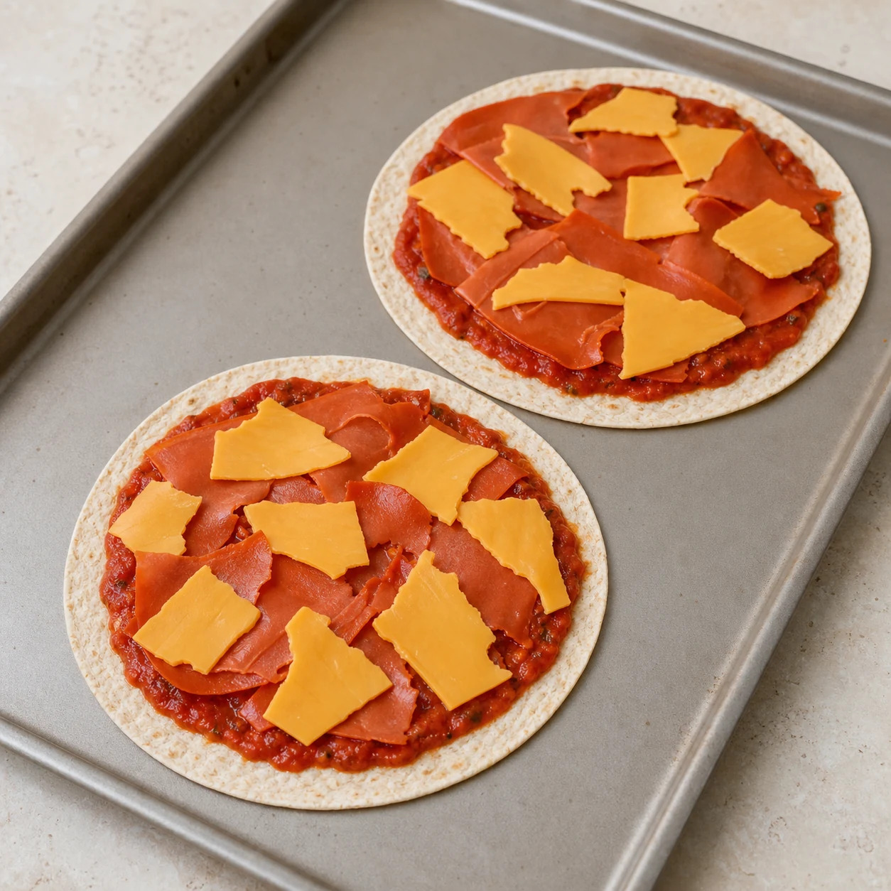 Pizza-tortilla tomate — garnir les tortillas