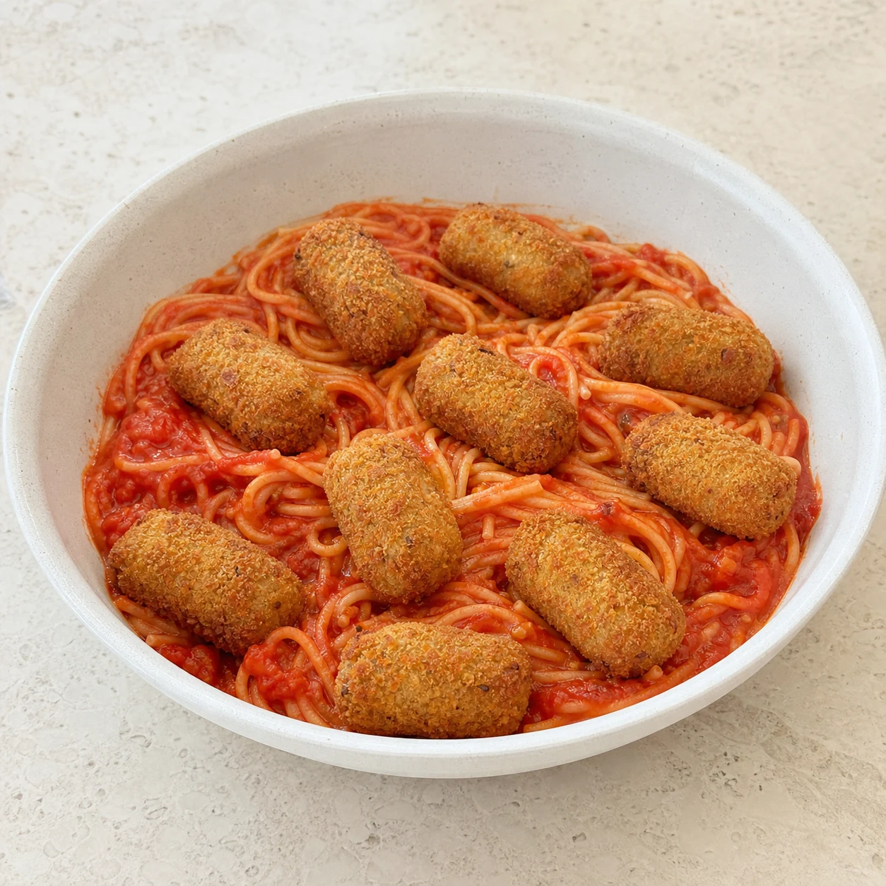 Croquetas sur pâtes rouges — assembler le plat