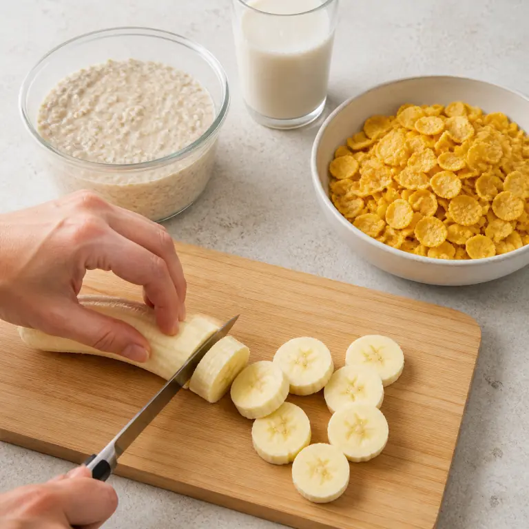 Une planche stable avec une banane en cours de découpe en rondelles régulières de 1 cm, doigts en griffe et couteau visible; à côté, un bocal ou bol d'overnight oats épais et des corn flakes, sans graines ni autre fruit.