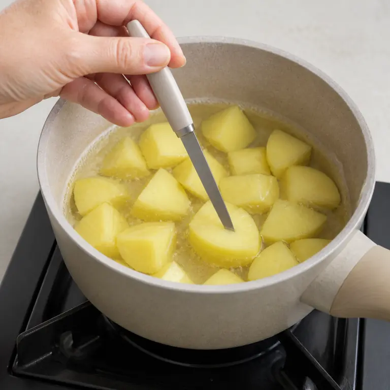 Gros plan pédagogique de fais cuire les cubes de 250 g de pommes de terre jusqu'à ce que la pointe d'un couteau entre sans résistance. Montrer le récipient exact, une main adulte avec l'ustensile adapté et la couleur ou texture qui prouve la cuisson. Aucun autre aliment ne doit masquer le résultat.
