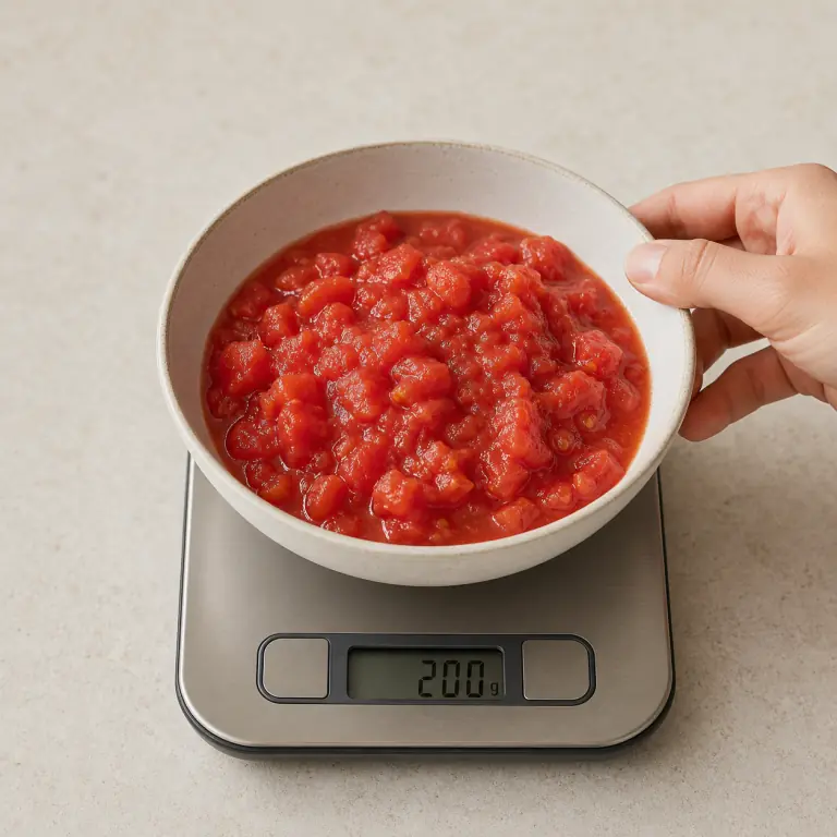 Gros plan pédagogique du geste en cours : mesure 200 g de tomate concassée ; elle est déjà découpée et ne doit pas être recoupée. Montrer uniquement cet ingrédient et l'ustensile nécessaire.