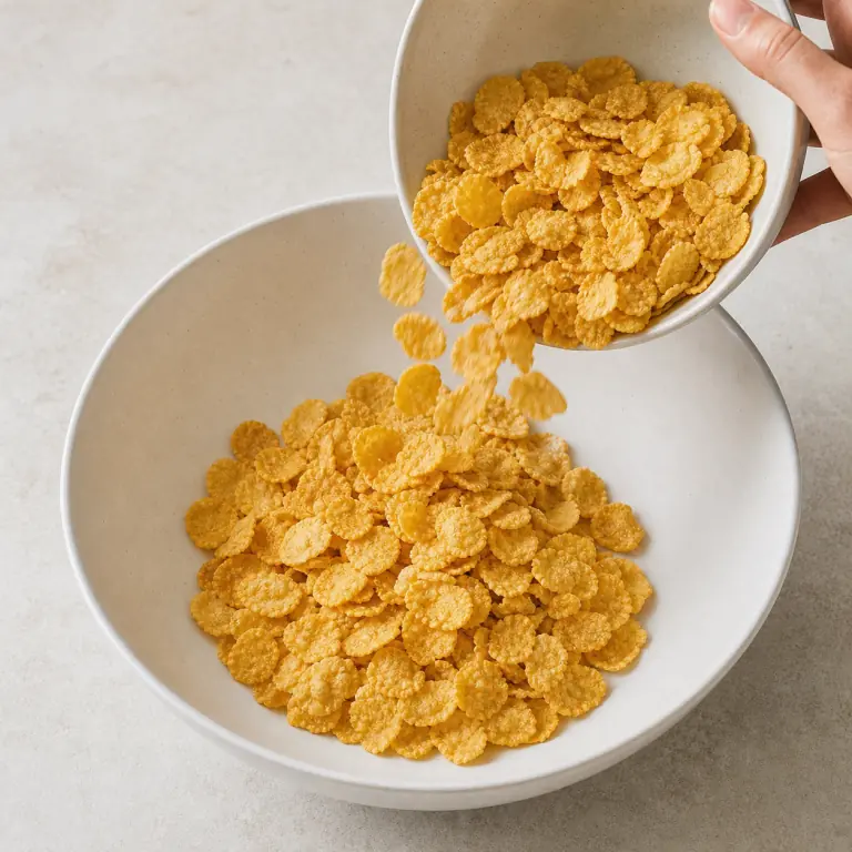 Des corn flakes dorés pesés dans un grand bol clair.