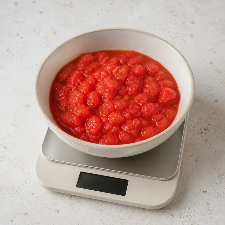 Gros plan pédagogique du geste en cours : mesure 200 g de tomate concassée ; elle est déjà découpée et ne doit pas être recoupée. Montrer uniquement cet ingrédient et l'ustensile nécessaire.