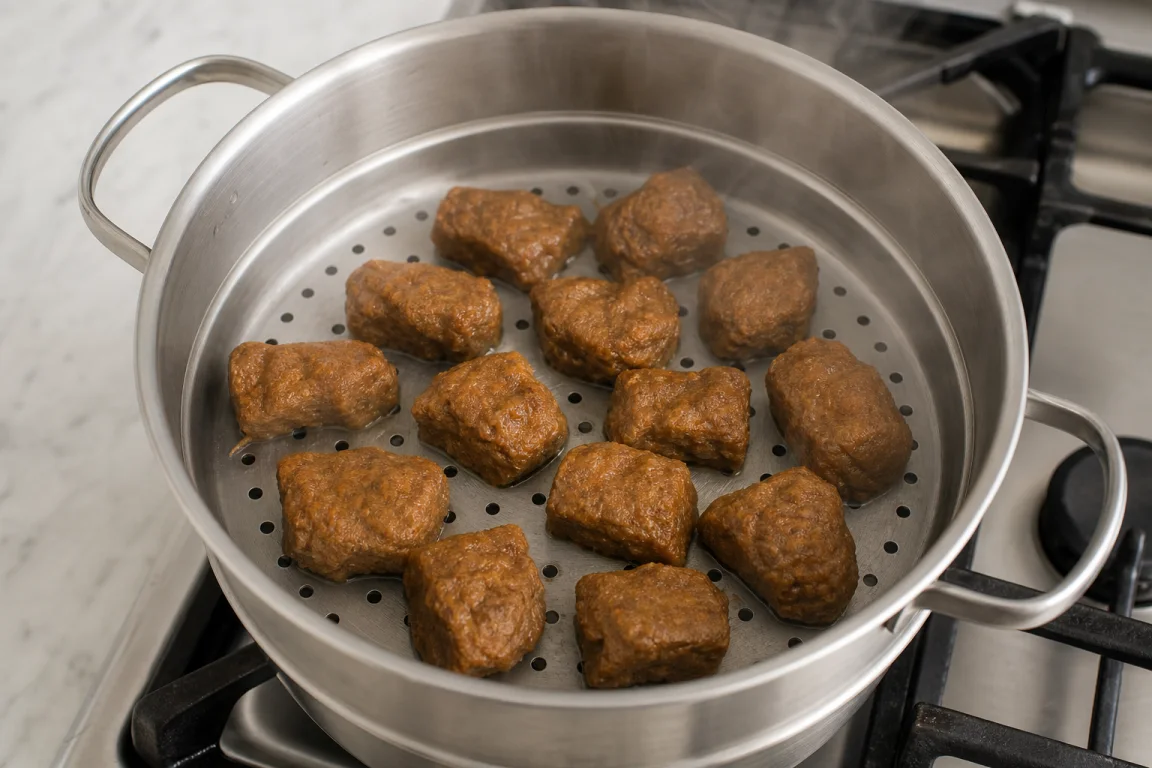 Illustration de l’étape « Étape 5 » pour la recette Nuggets fumés de seitan à la vapeur.