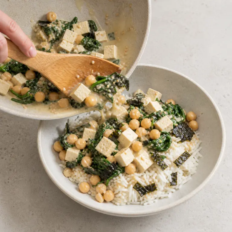 Un bol final de riz tofu épinards nori avec légumes, pois chiches, nori et sésame.