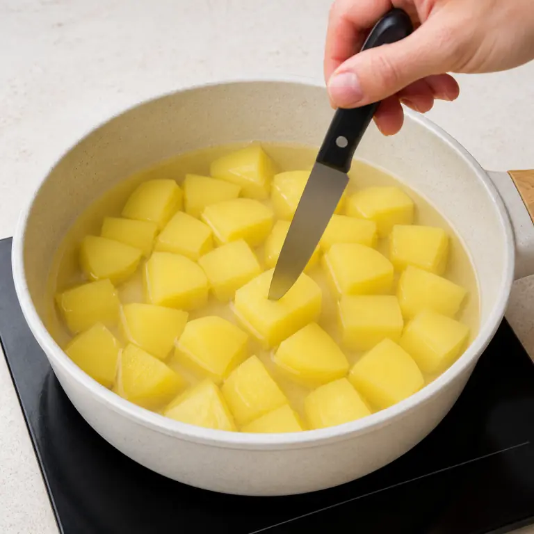 Gros plan pédagogique de fais cuire les cubes de 250 g de pommes de terre jusqu'à ce que la pointe d'un couteau entre sans résistance. Montrer le récipient exact, une main adulte avec l'ustensile adapté et la couleur ou texture qui prouve la cuisson. Aucun autre aliment ne doit masquer le résultat.