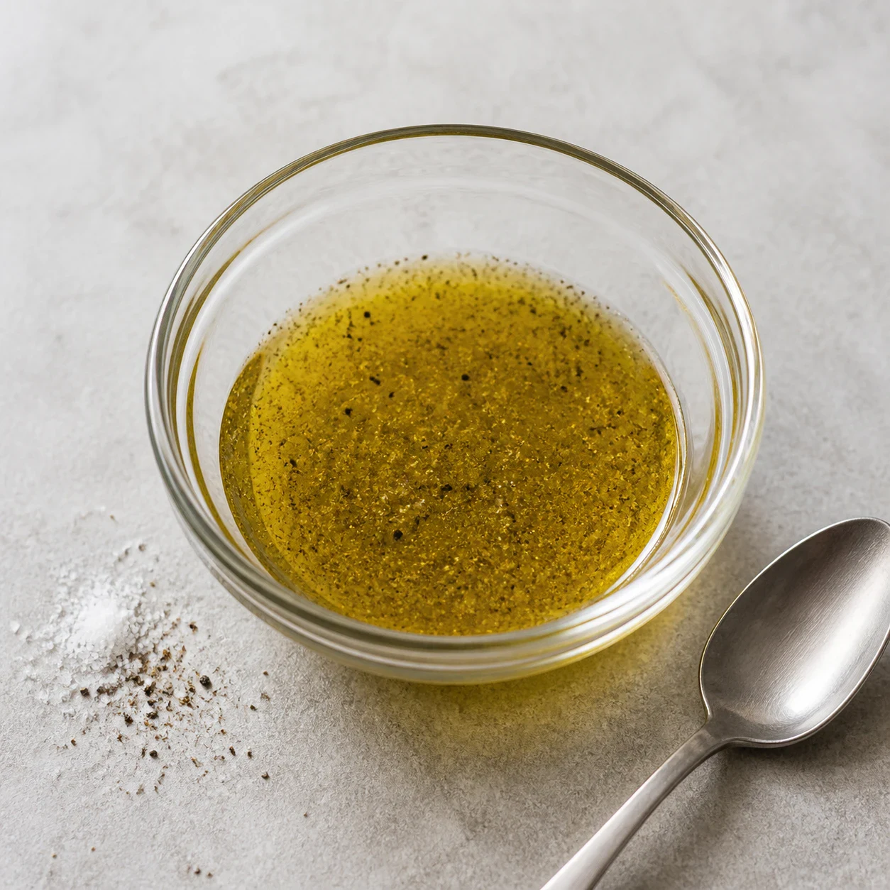 Petit bol en verre contenant de l'huile d'olive dorée mélangée à du sel fin et du poivre noir moulu, cuillère posée à côté sur un plan de travail gris, aucune tomate, aucune main, aucun texte, aucune marque.
