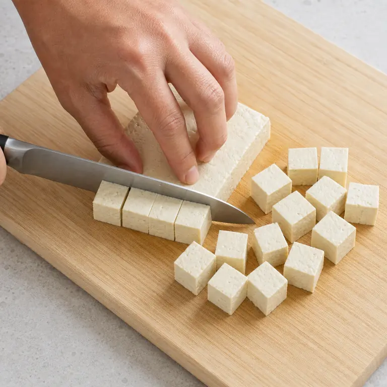 Gros plan pédagogique d'une main adulte qui égoutte et éponge 180 g de tofu, puis coupe-le en cubes réguliers de 2 cm avec les doigts repliés en griffe, avec lame visible, doigts en griffe, portion intacte et morceaux finis de taille lisible. Aucun autre aliment sur la planche.