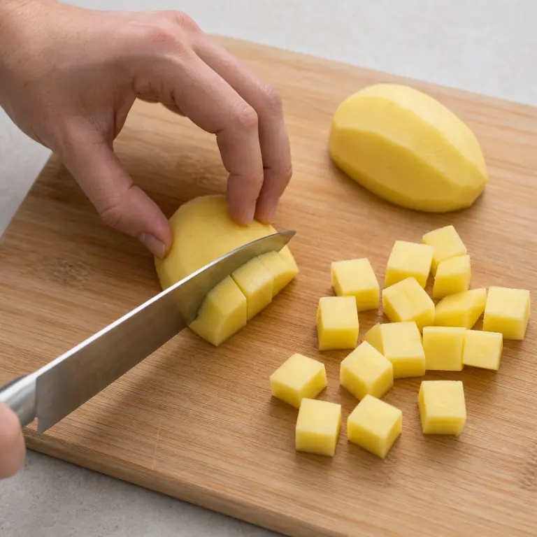 Gros plan pédagogique d'une main adulte qui épluche 250 g de pommes de terre, stabilise chaque pomme de terre sur une face plate puis coupe-la en cubes réguliers de 2 cm, avec lame visible, doigts en griffe, portion intacte et morceaux finis de taille lisible. Aucun autre aliment sur la planche.